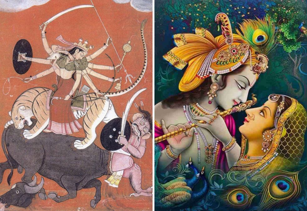 Ateliers divinités indiennes à gauche DURGA et à droite Krishna & Radha